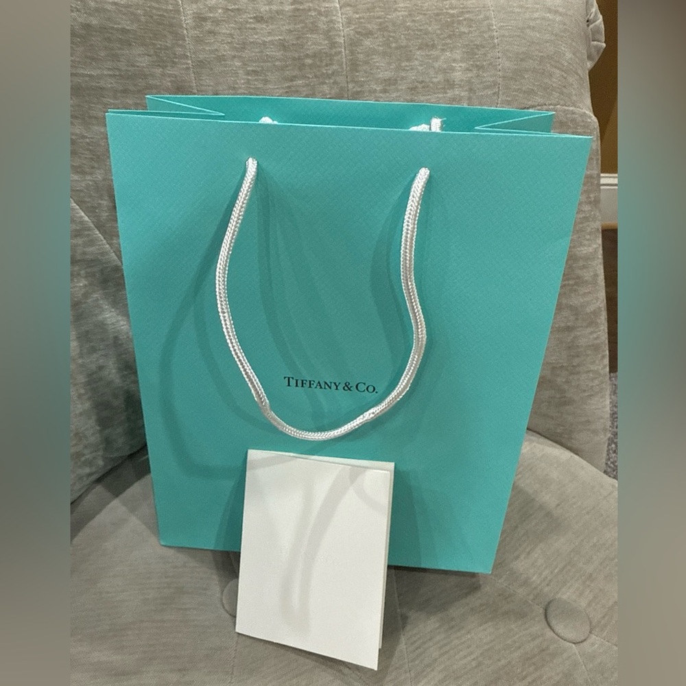 Tiffany & Co. Blue Empty Paper Bag White Robe Handles 10x8x4” W/ Receipt Holder